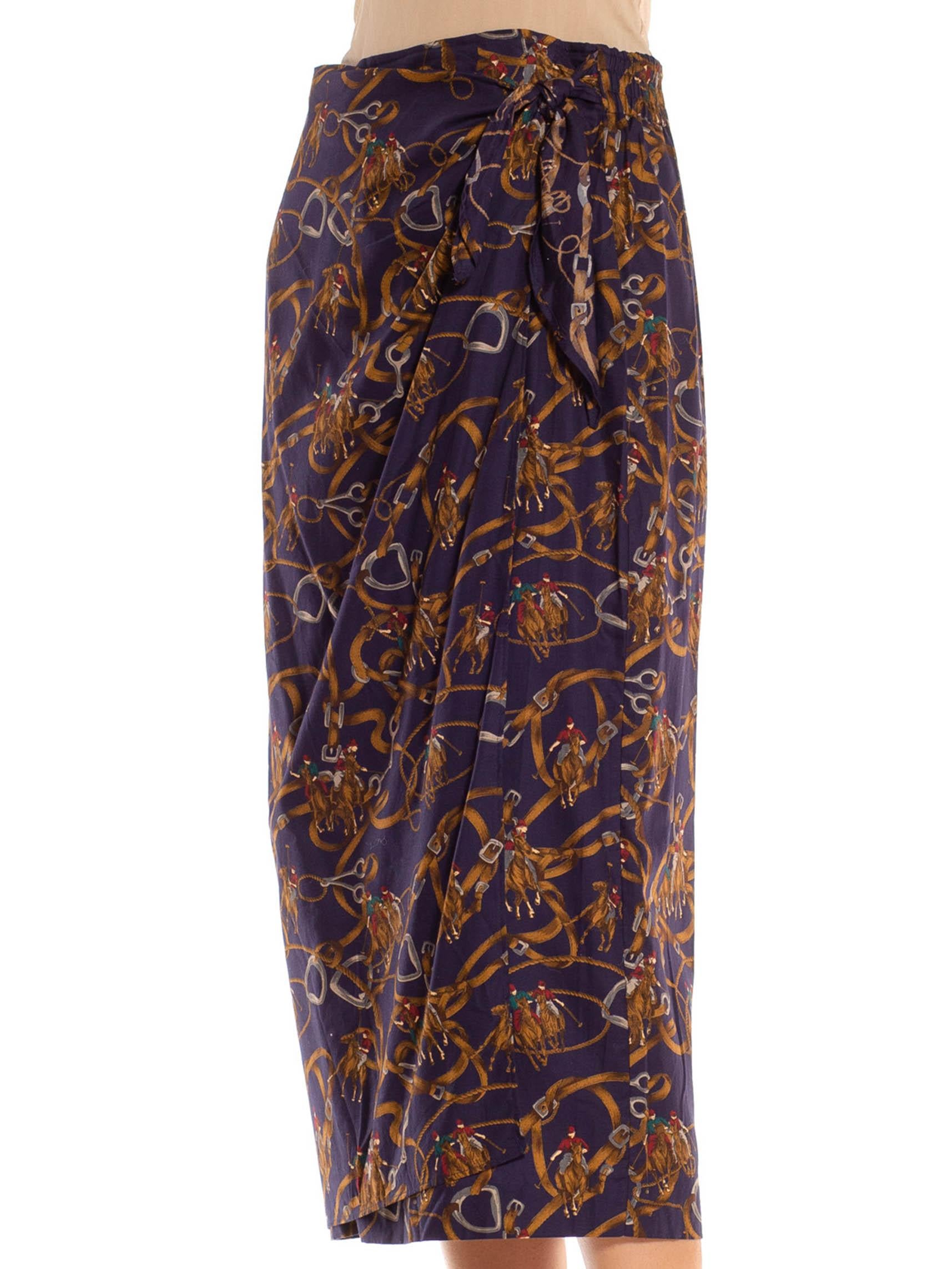 1990S Gonna a stampa equestre in misto cotone marrone e blu navy in vendita 4