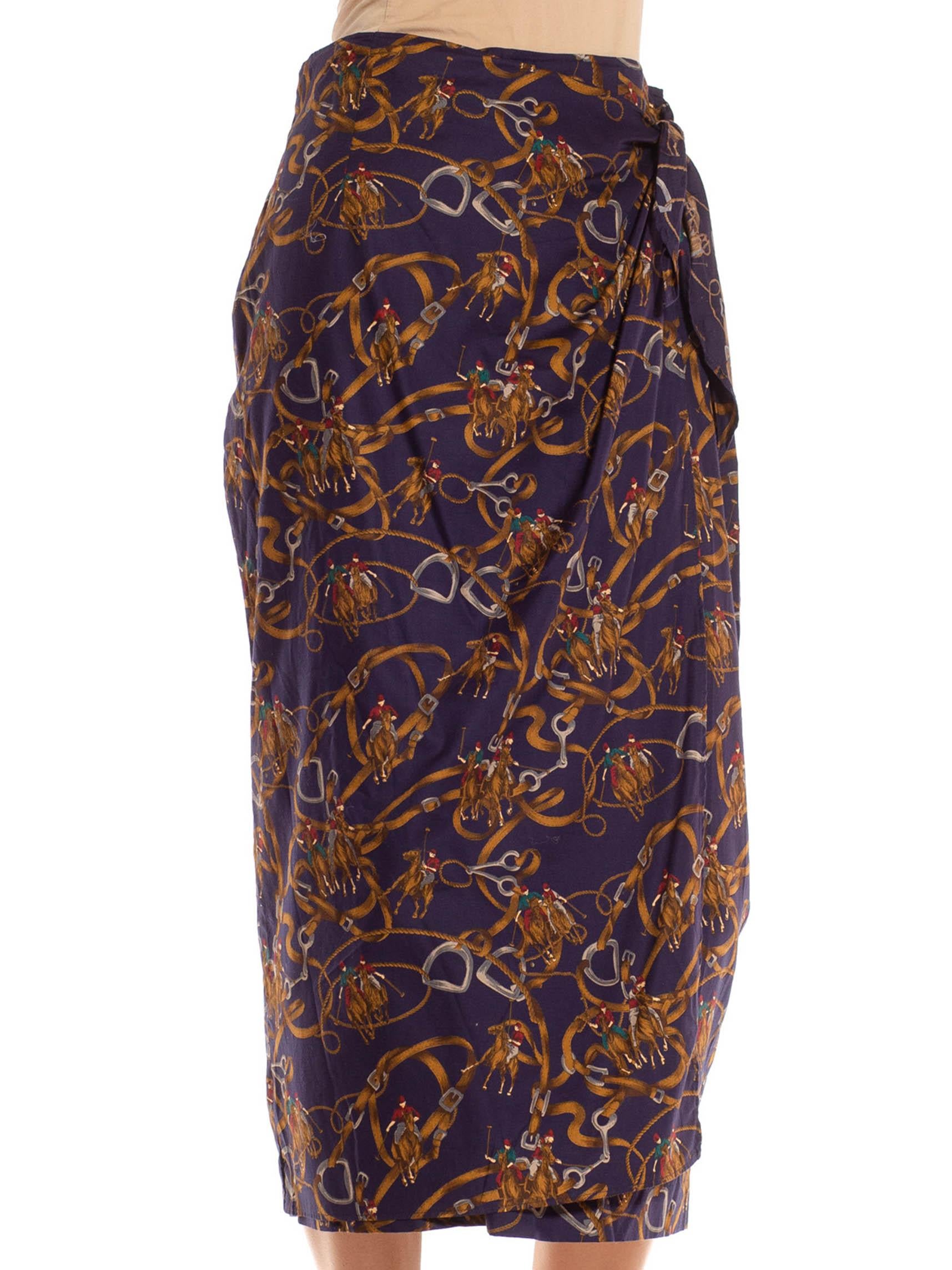 1990S Navy & Brown Cotton Blend Equestrian Print Skirt For Sale 5