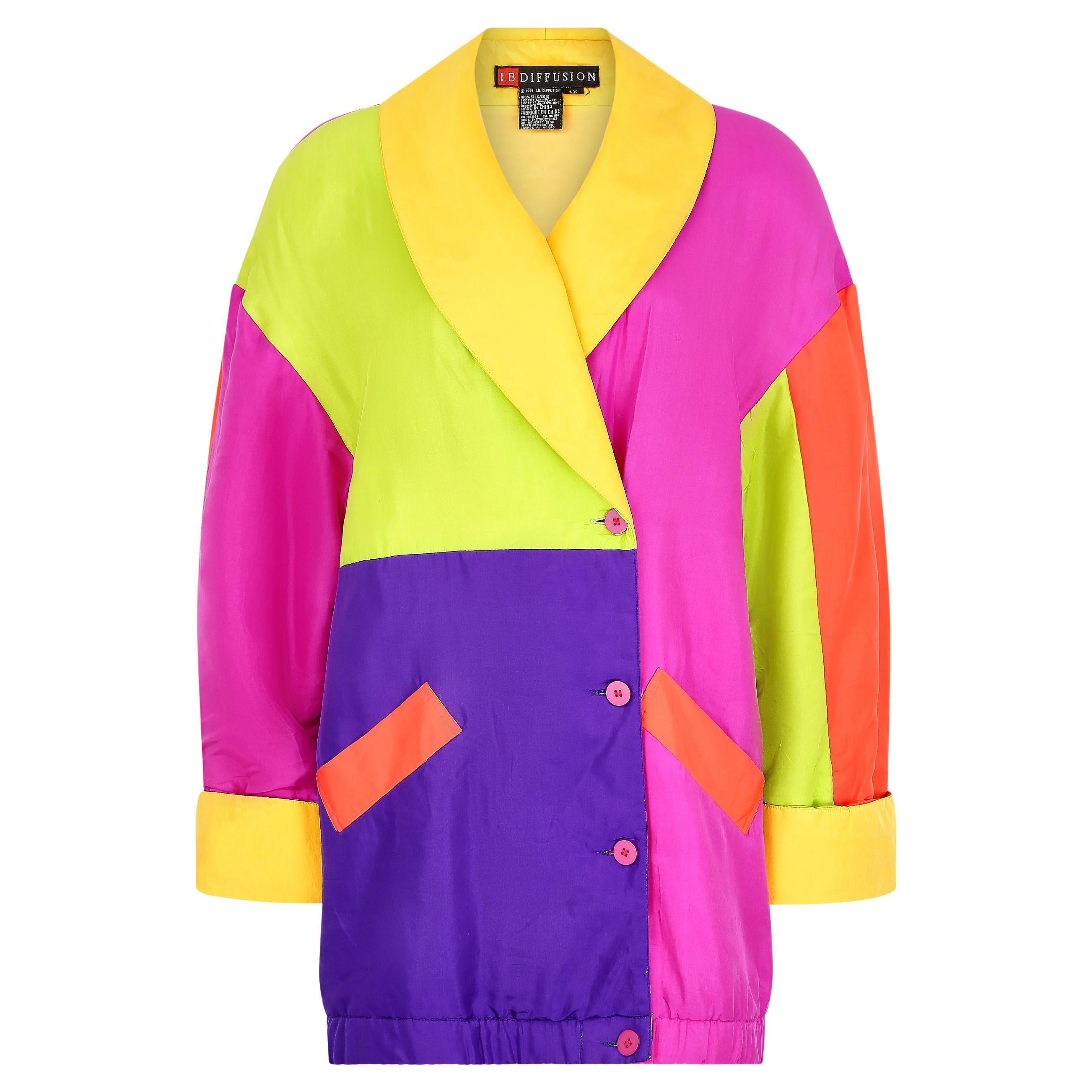 1990s Neon Multicoloured Silk Parka Jacket For Sale