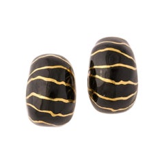 1990's Nicholas Varney Black Enamel and Gold Animal Print Motif Clip On Earrings