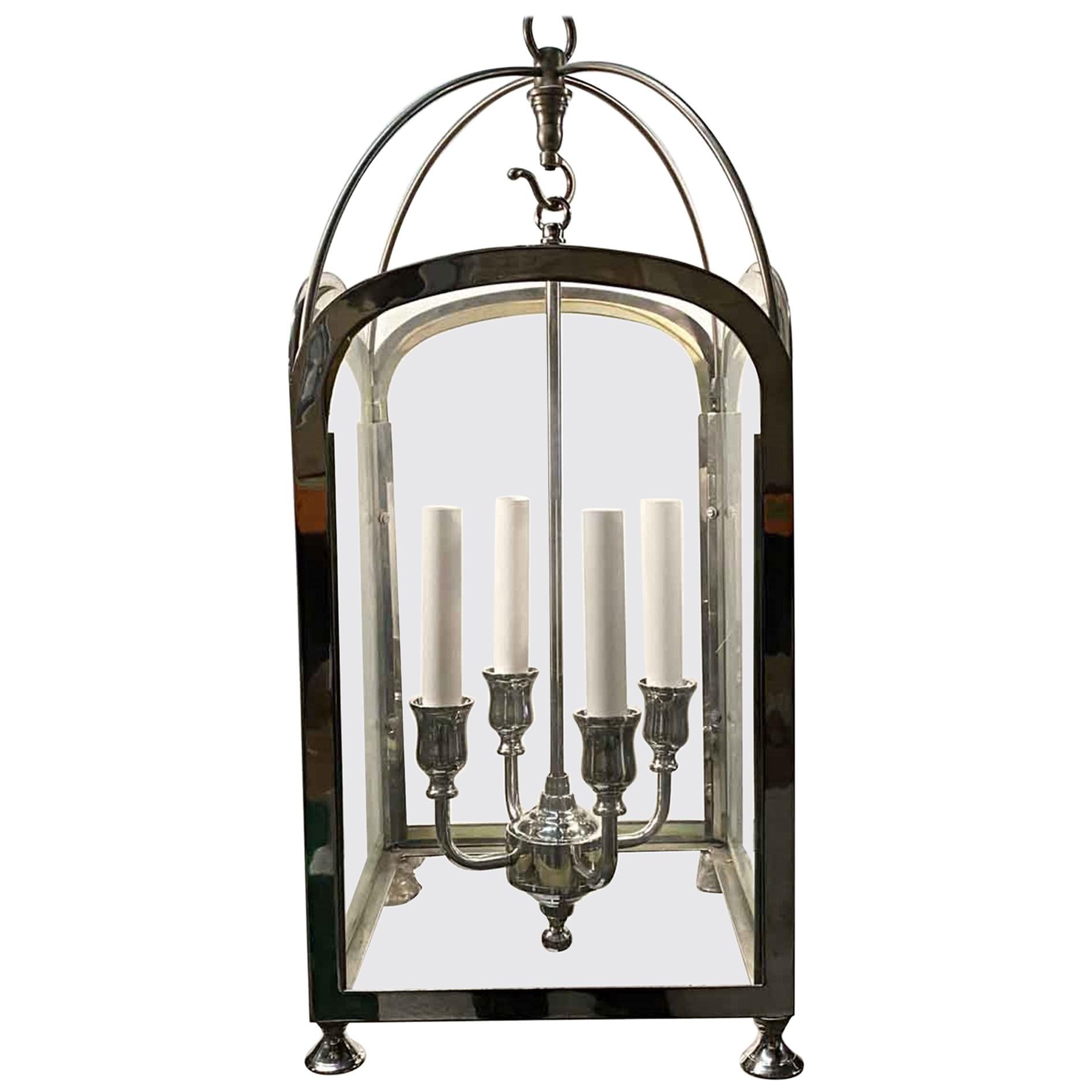 Nickel Finished Brass Lantern Mid-Century Modern Entryway or Foyer