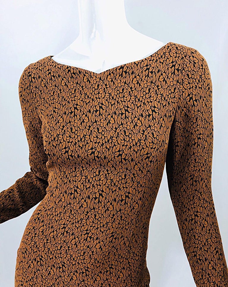 1990s Nicole Miller Leaf Print Brown Size 4 Bell Sleeve Vintage 90s Dress 1990s Nicole Miller Leaf Print Brown Size 4 Bell Sleeve Vintage 90s Dress