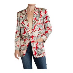 1990S Nicole Miller Red White & Blue Silk Card Print Blazer