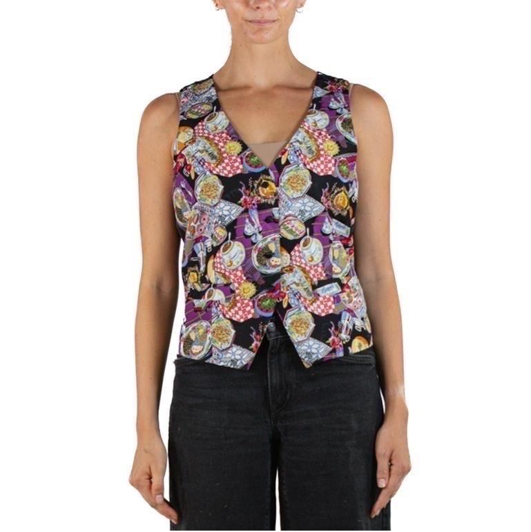 Marron Gilet imprimé restaurant italien Nicole Miller, années 1990 en vente
