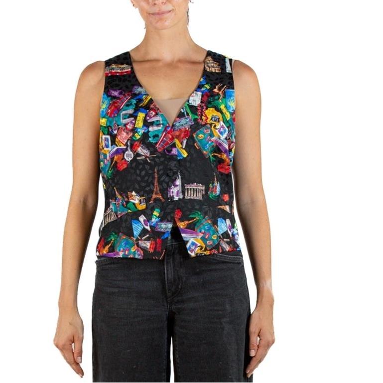 1990er Nicole Miller Seide Weste mit Weltreisender-Druck im Zustand „Hervorragend“ im Angebot in New York, NY