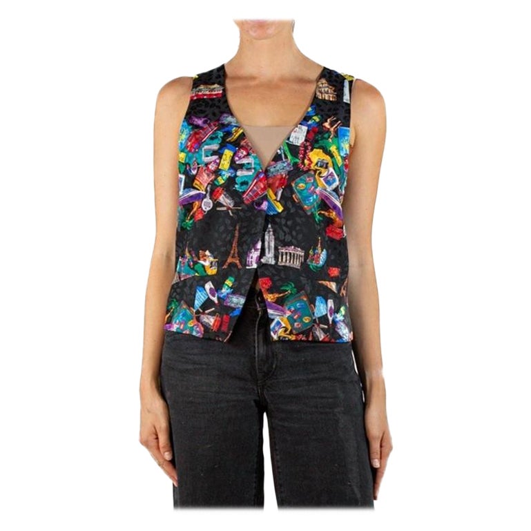 Gilet con stampa World Traveler in seta del 1990 di Nicole Miller
