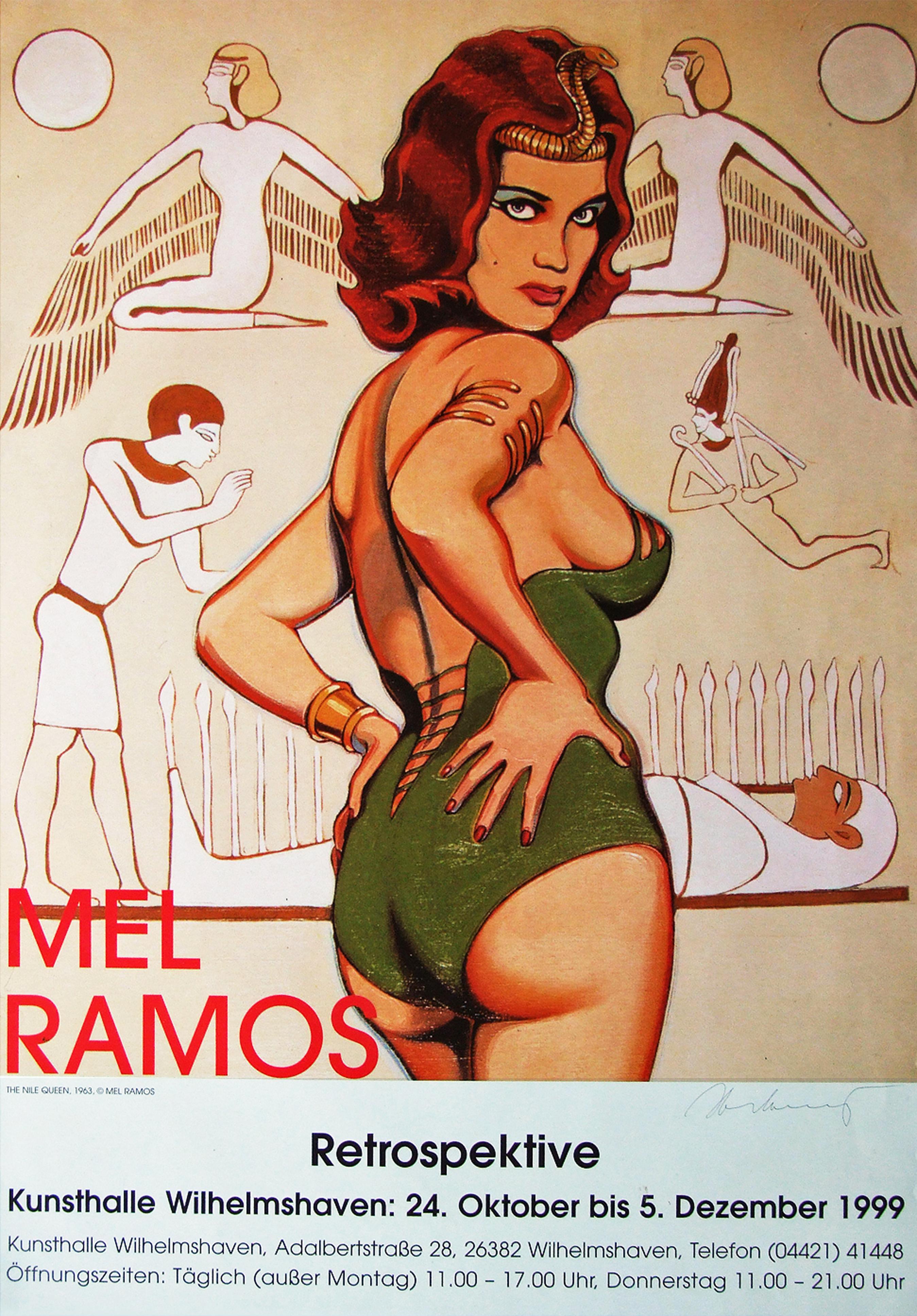 Original 1999 promotional poster for the Mel Ramos exhibition at the Kunsthalle Wilhelmshaven, Germany.

First edition color offset lithograph. Hand signed by the artist in ink.

Rolled.

Measures: L 84.5cm x W 59.5cm.