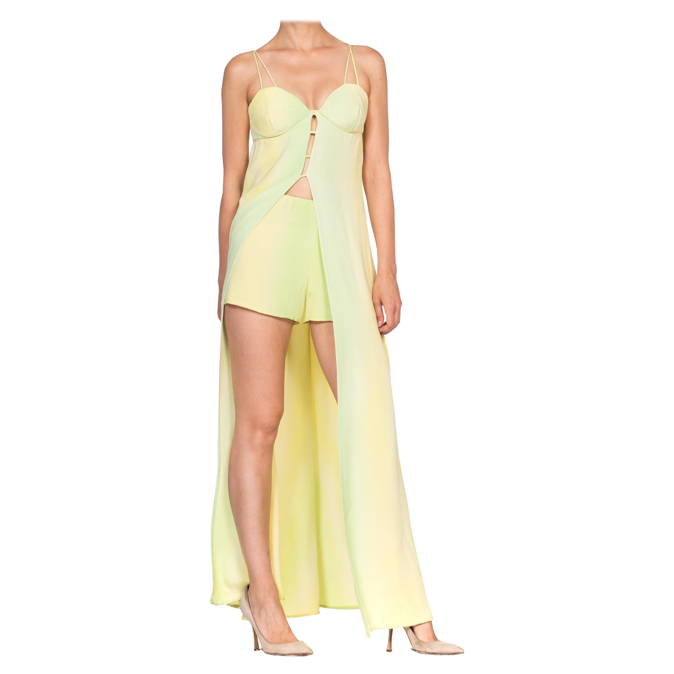 1990S NINA RICCI Limonengrüne Ombré Seidenfaille Haute Couture Shorts & Bar Top Dr