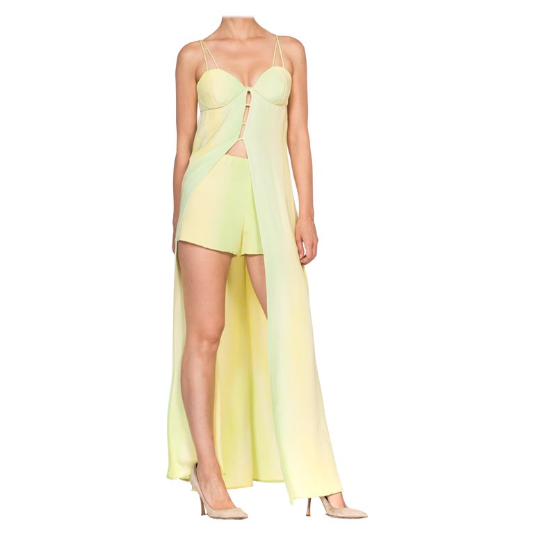 1990s Nina Ricci Lime Green Ombr Silk Faille Haute Couture Shorts & Bar Top Dr