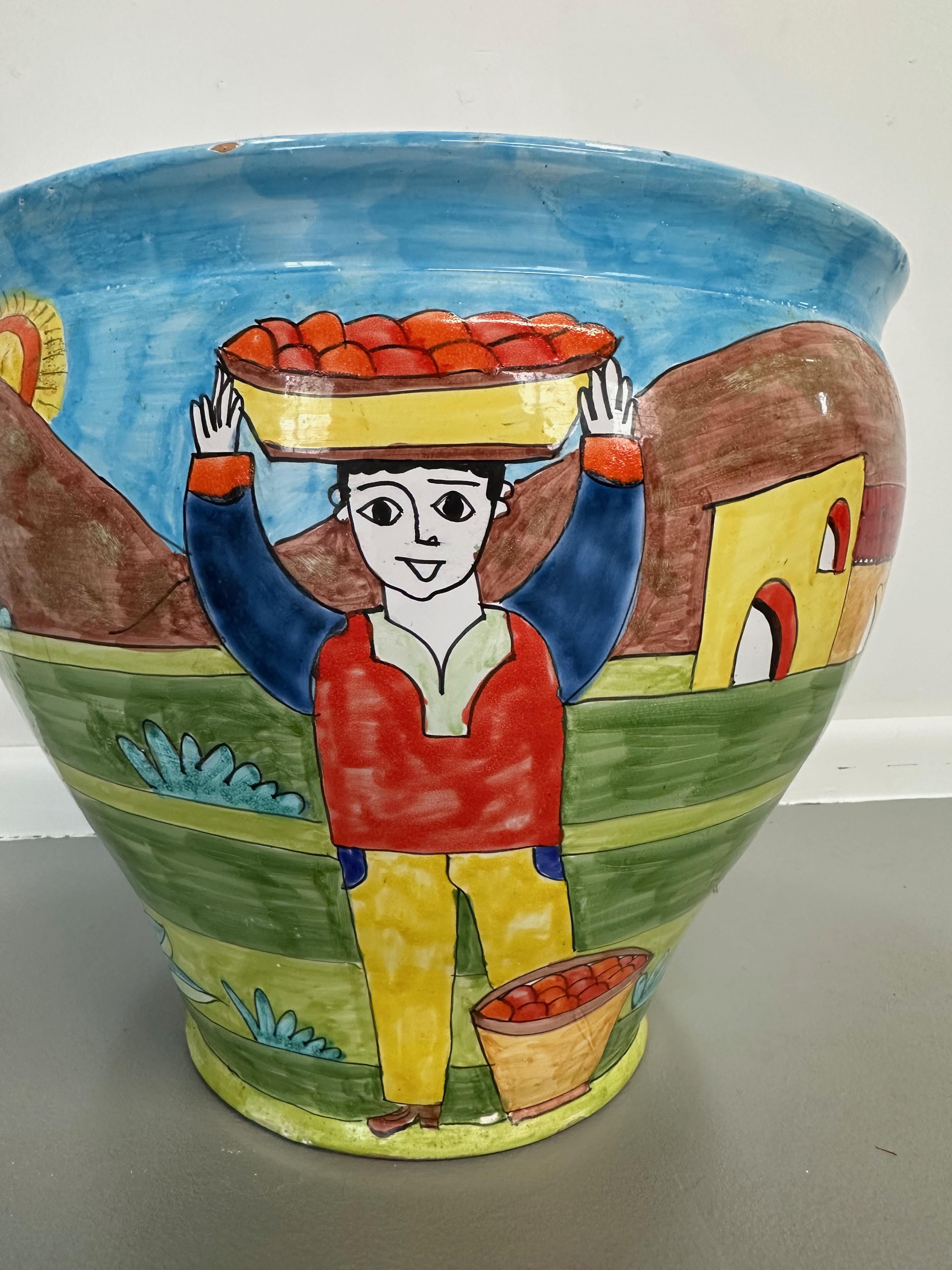 Ceramica Fioriera grande in ceramica di Nino Parrucca degli anni '90 con colori e scene vivaci in vendita