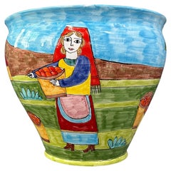 Macetero grande de cerámica Nino Parrucca de los años 90 en colores vivos y escenas