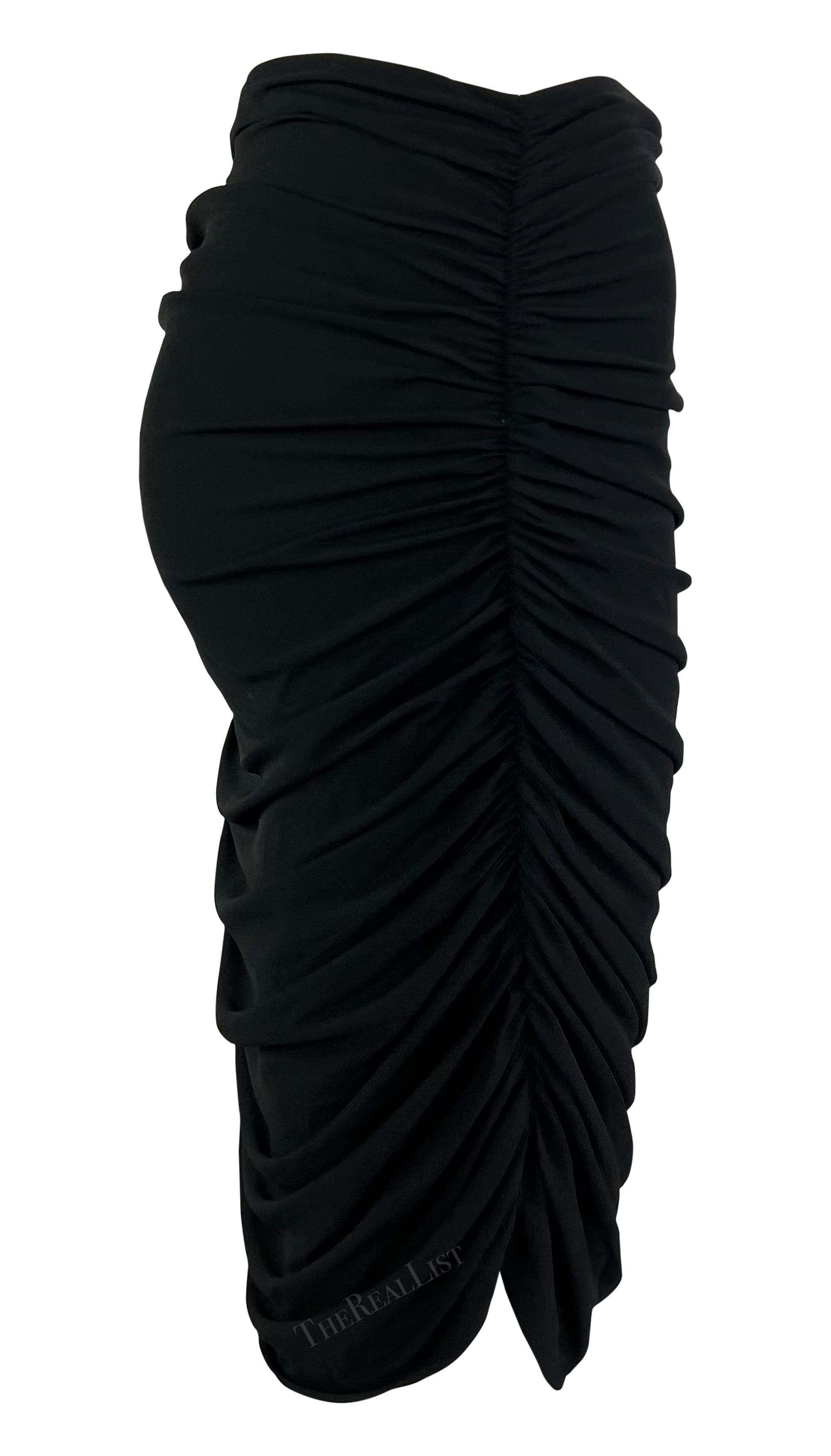 1990s Norma Kamali Black Ruched Stretch Bodycon Skirt For Sale 1