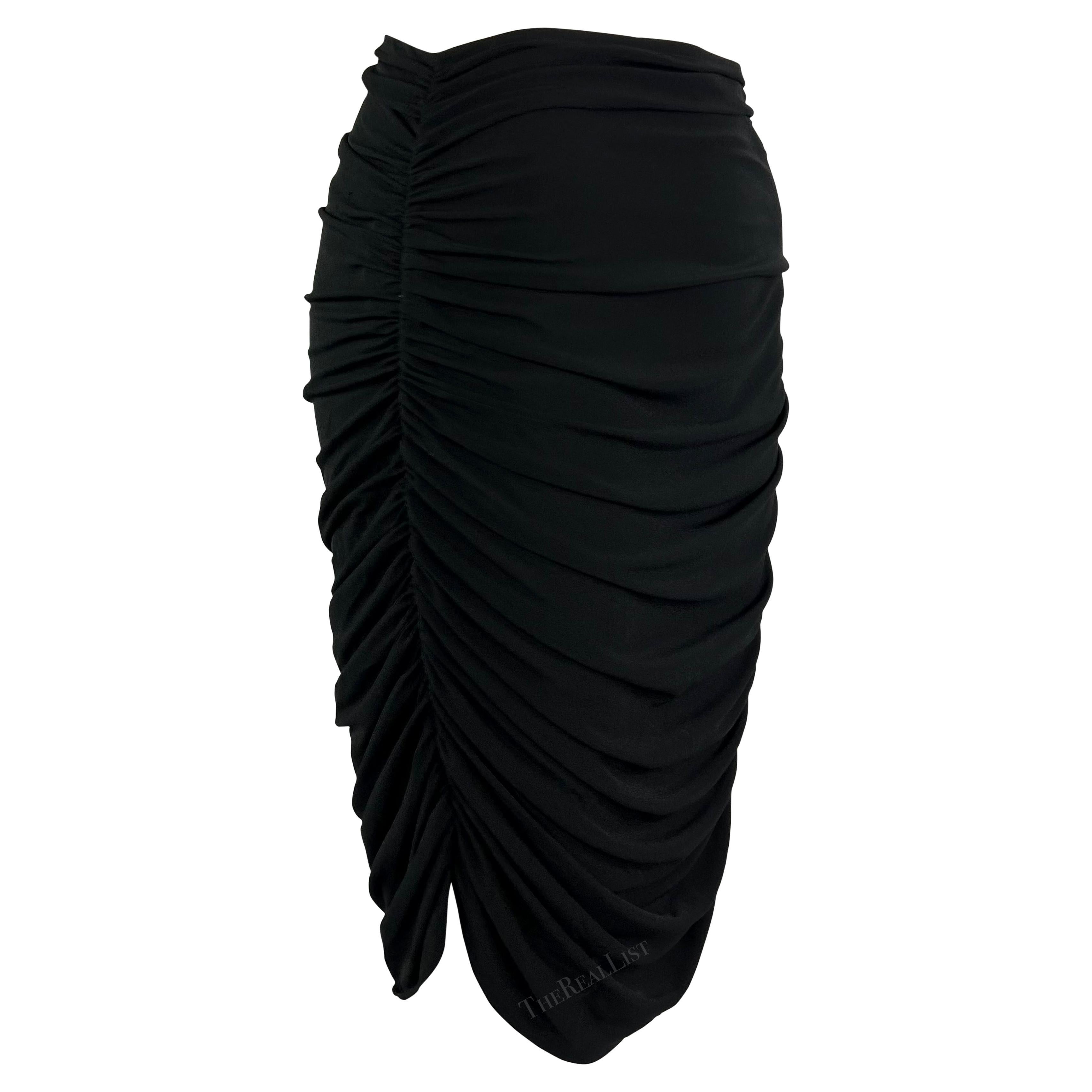 1990s Norma Kamali Black Ruched Stretch Bodycon Skirt For Sale