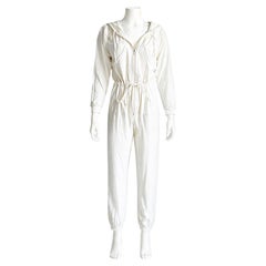 Norma Kamali OMO Jumpsuit aus weißer Baumwolle mit Kordelzug an der Taille, Vintage 90er Jahre Gr. M