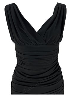 F/W 1995 Norma Kamali Bodycon Ruched Off-The-Shoulder Black Wiggle Gown (robe à volants noirs)