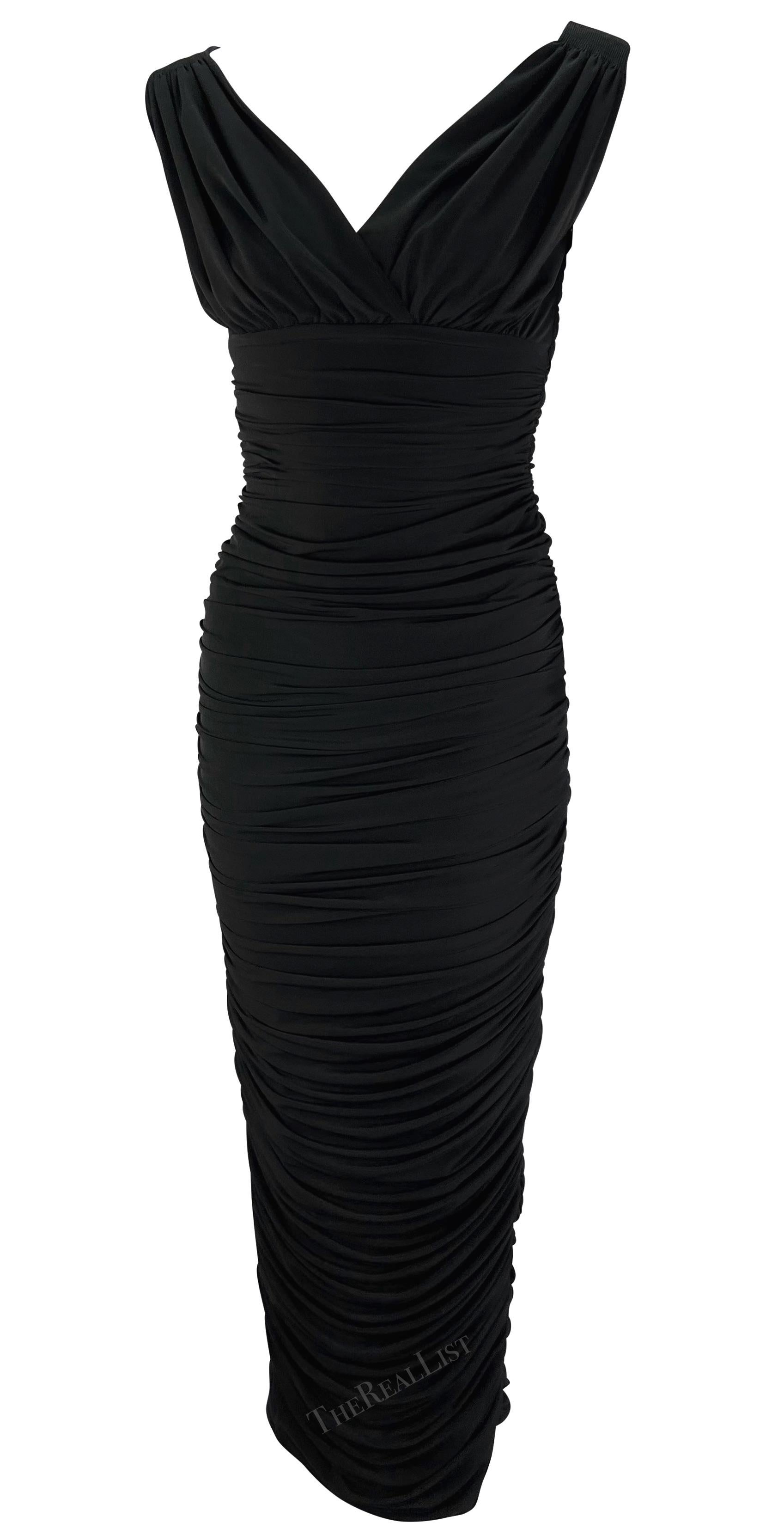 1990s Norma Kamali Ruched Bodycon Off-The-Shoulder Black Wiggle Gown In Excellent Condition For Sale In West Hollywood, CA