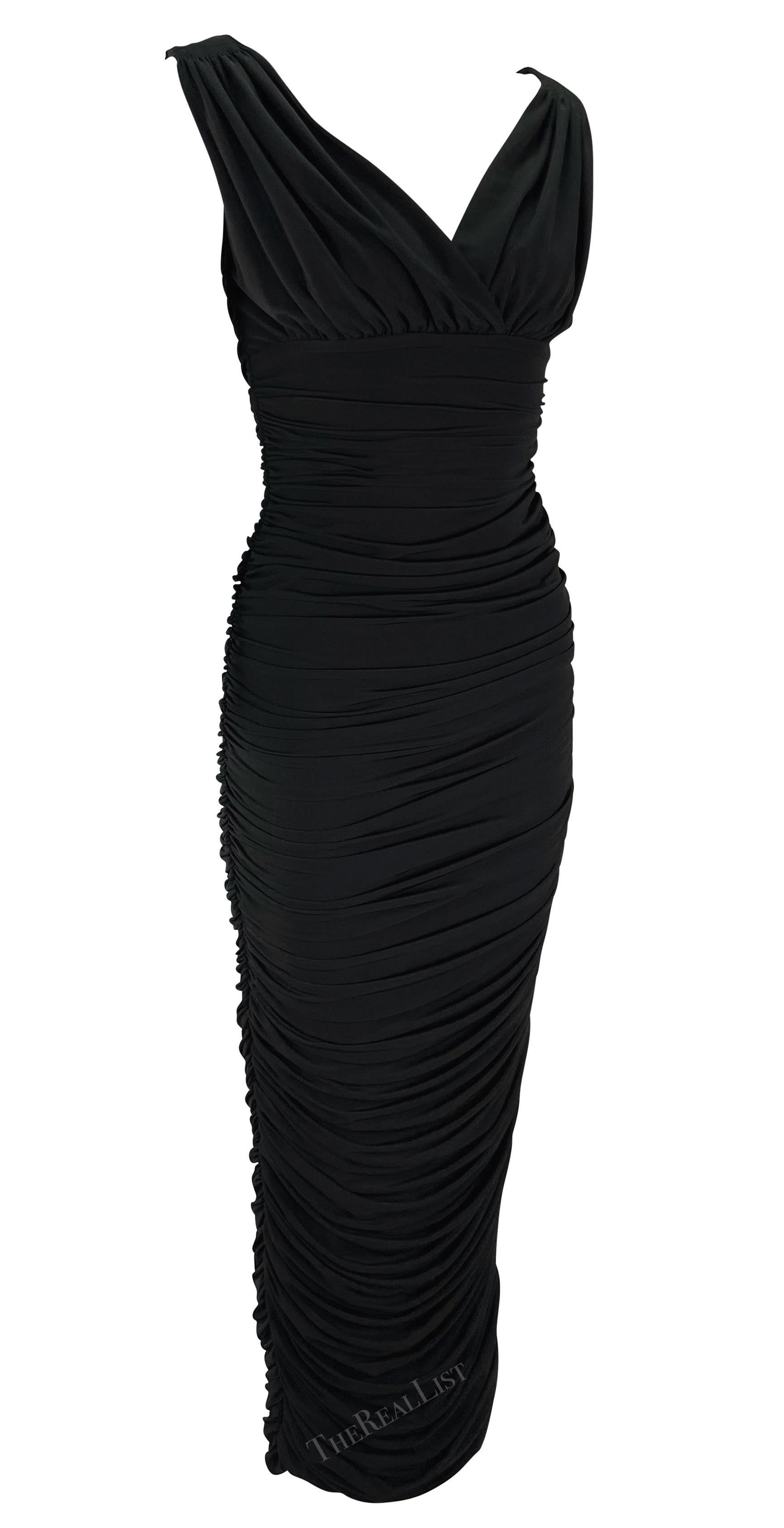 1990s Norma Kamali Ruched Bodycon Off-The-Shoulder Black Wiggle Gown For Sale 3