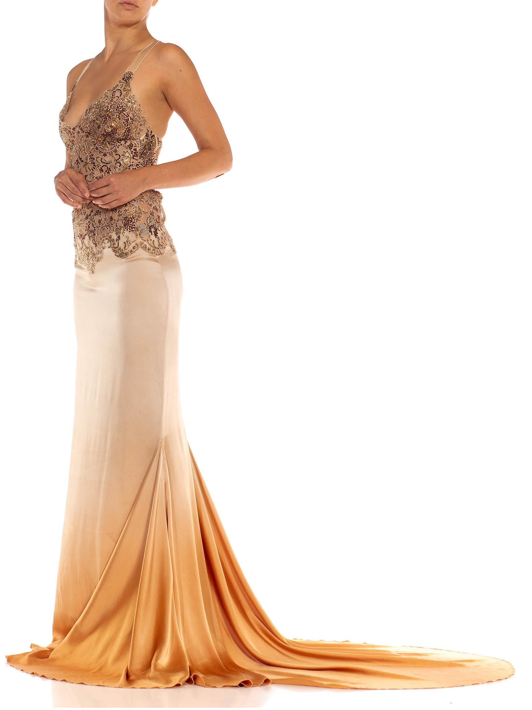 Beige 1990S Nude Silk Charmeuse Swarovski Encrusted Lace Bodice Gown With Train