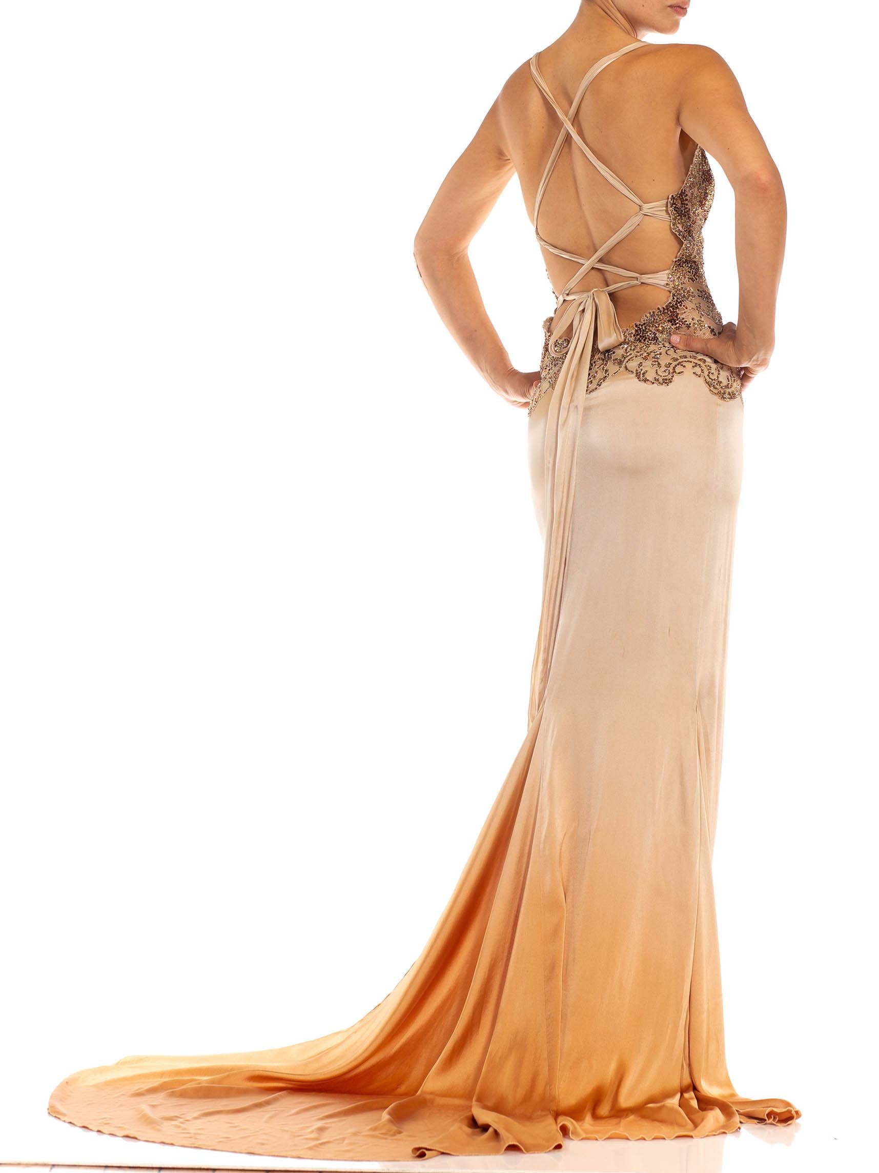 1990S Nude Silk Charmeuse Swarovski Encrusted Lace Bodice Gown With Train In Excellent Condition In New York, NY