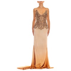 1990S Nude Silk Charmeuse Swarovski Encrusted Lace Bodice Gown With Train