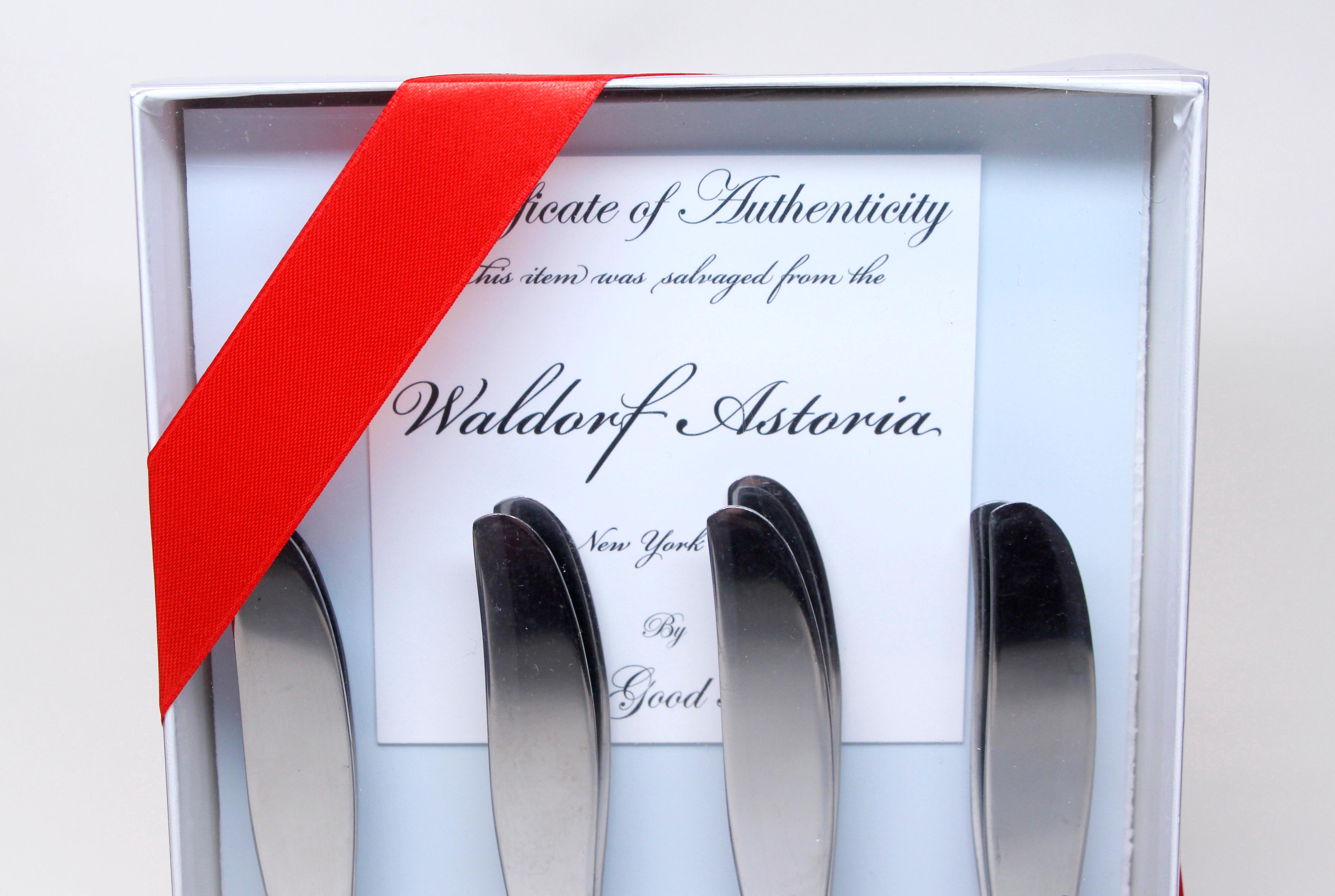 1990s silver plated steel eight piece used fish knife and fork set. Made by Oneida. This item is original to the NYC Waldorf Astoria Hotel Towers. All pieces are stamped “Waldorf Astoria”. Priced per set. Waldorf Astoria authenticity card included