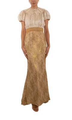1990S Off White & Gold Silk Gazzar Beaded Metallic Lace Gown With Puff Sleeves