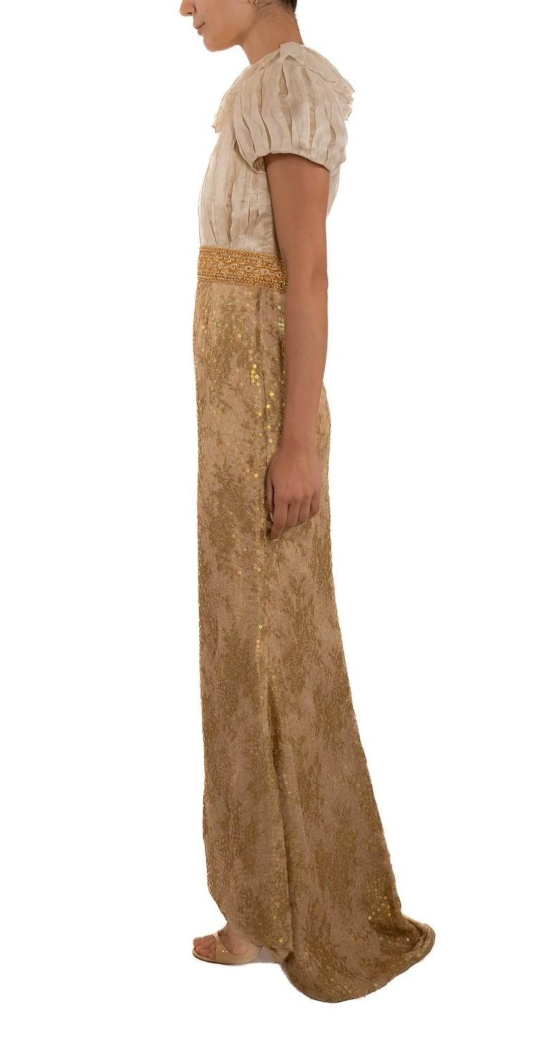 Women's 1990S Off White & Gold Silk Gazzar Beaded Metallic Lace Gown With Puff Sleeves For Sale