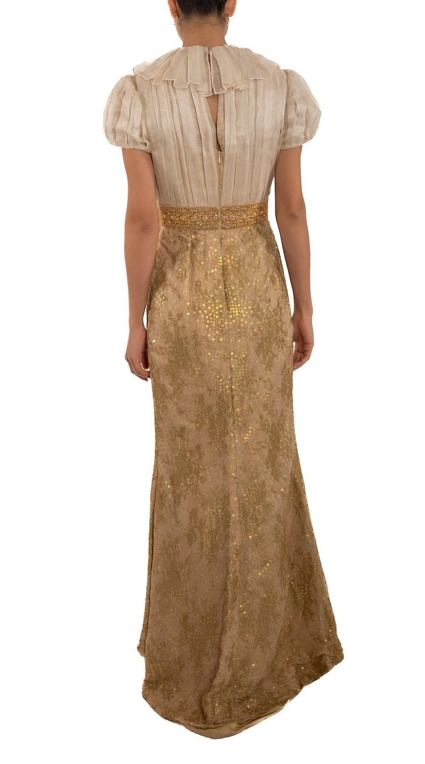 1990S Off White & Gold Silk Gazzar Beaded Metallic Lace Gown With Puff Sleeves For Sale 1
