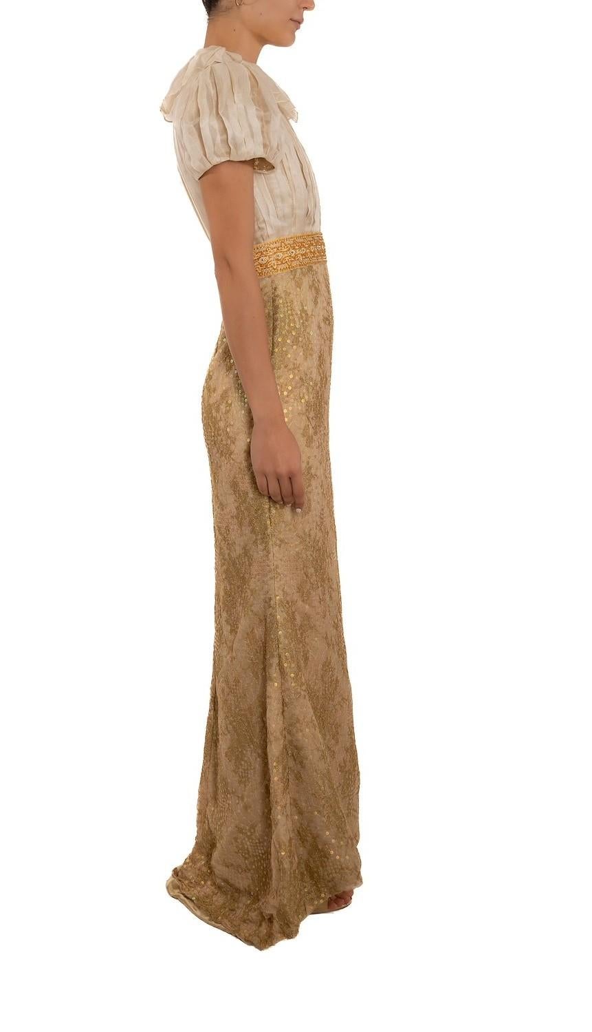 1990S Off White & Gold Silk Gazzar Beaded Metallic Lace Gown With Puff Sleeves For Sale 2
