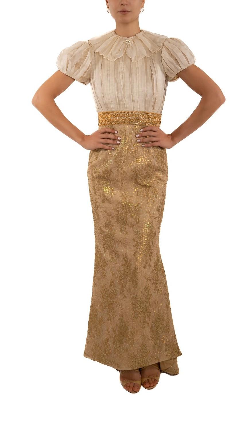 1990S Off White & Gold Silk Gazzar Beaded Metallic Lace Gown With Puff Sleeves For Sale 3