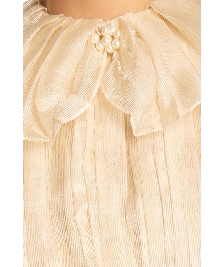 1990S Off White & Gold Silk Gazzar Beaded Metallic Lace Gown With Puff Sleeves For Sale 4