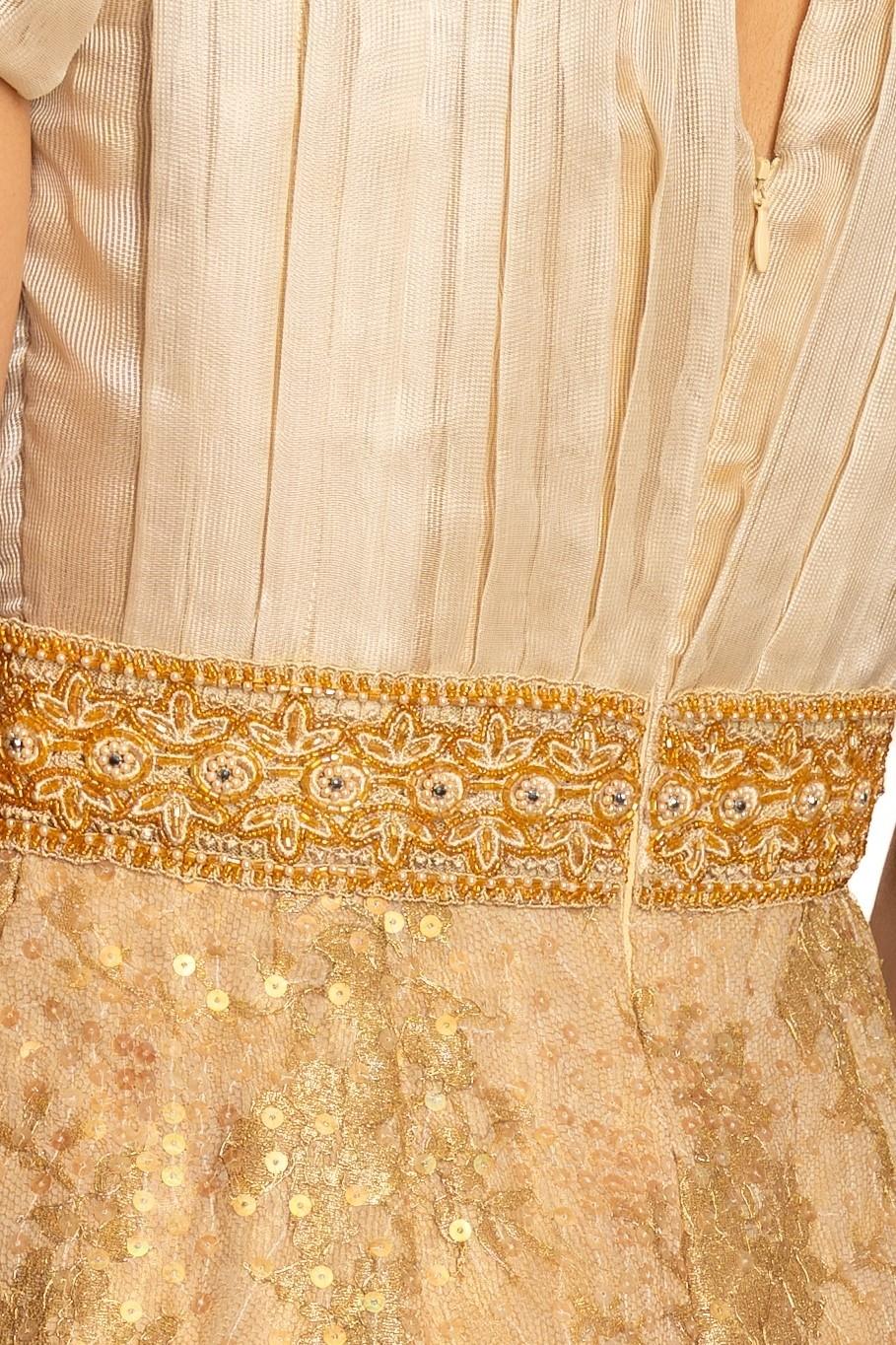 1990S Off White & Gold Silk Gazzar Beaded Metallic Lace Gown With Puff Sleeves For Sale 6