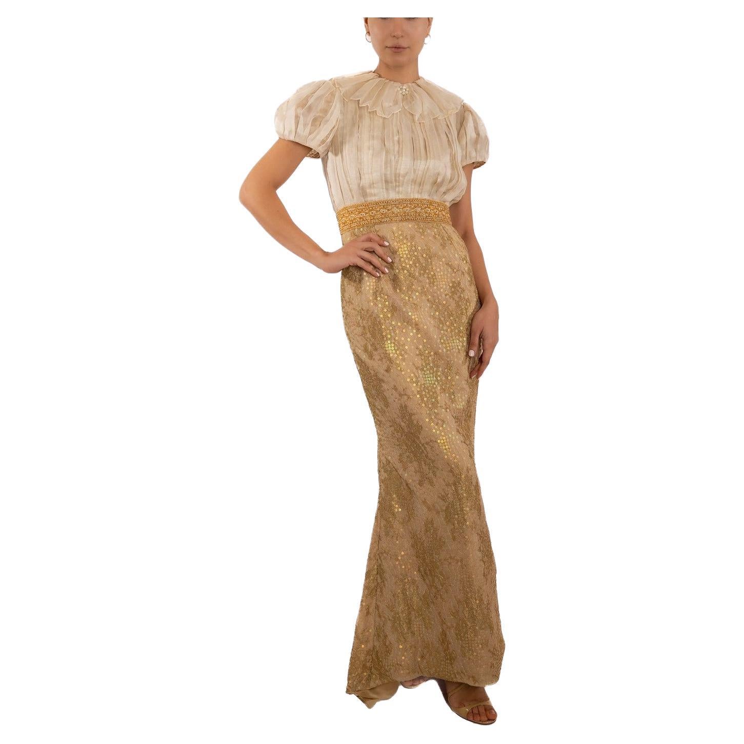 1990S Off White & Gold Silk Gazzar Beaded Metallic Lace Gown With Puff Sleeves For Sale