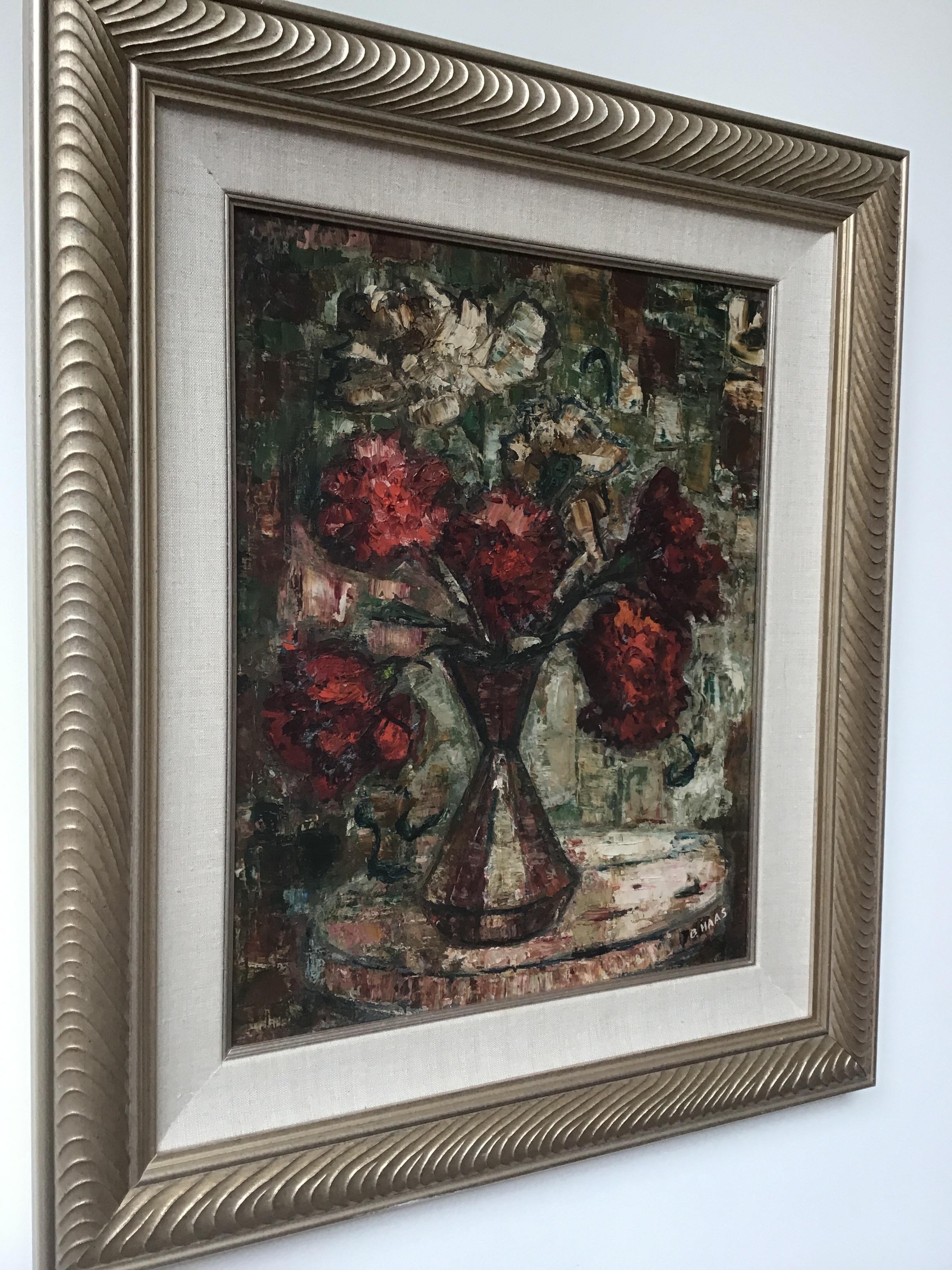 1990s oil on canvas of floral arrangement by B. Haas.