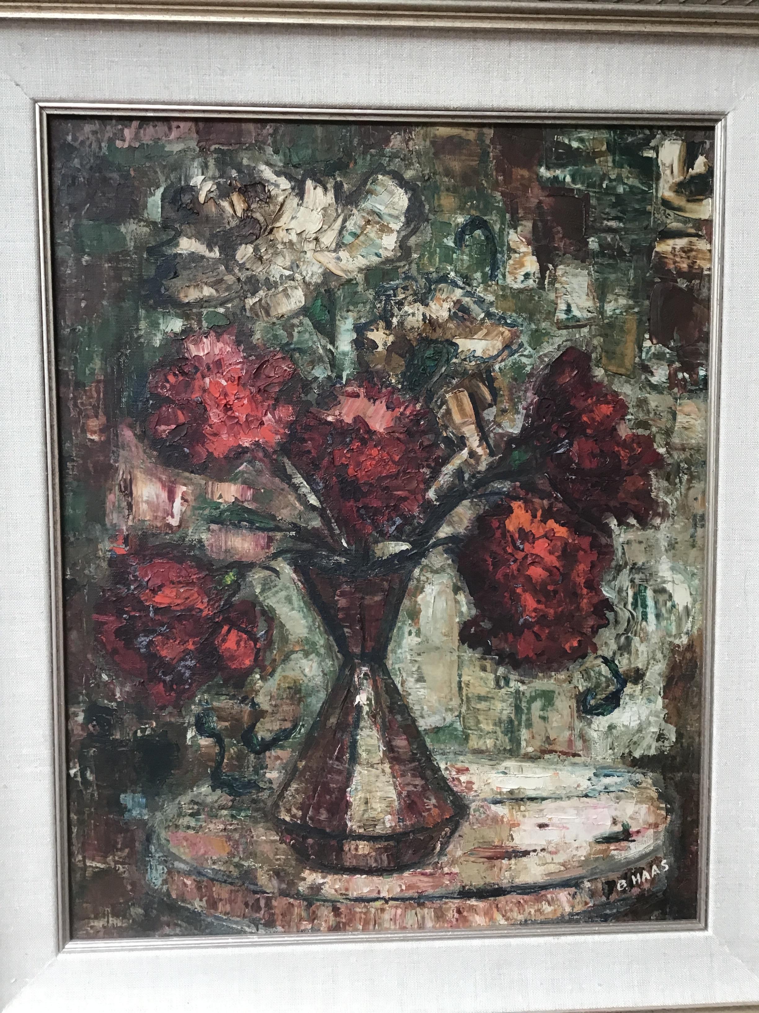Paint 1990s Oil on Canvas of Floral Arrangement by B. Haas For Sale