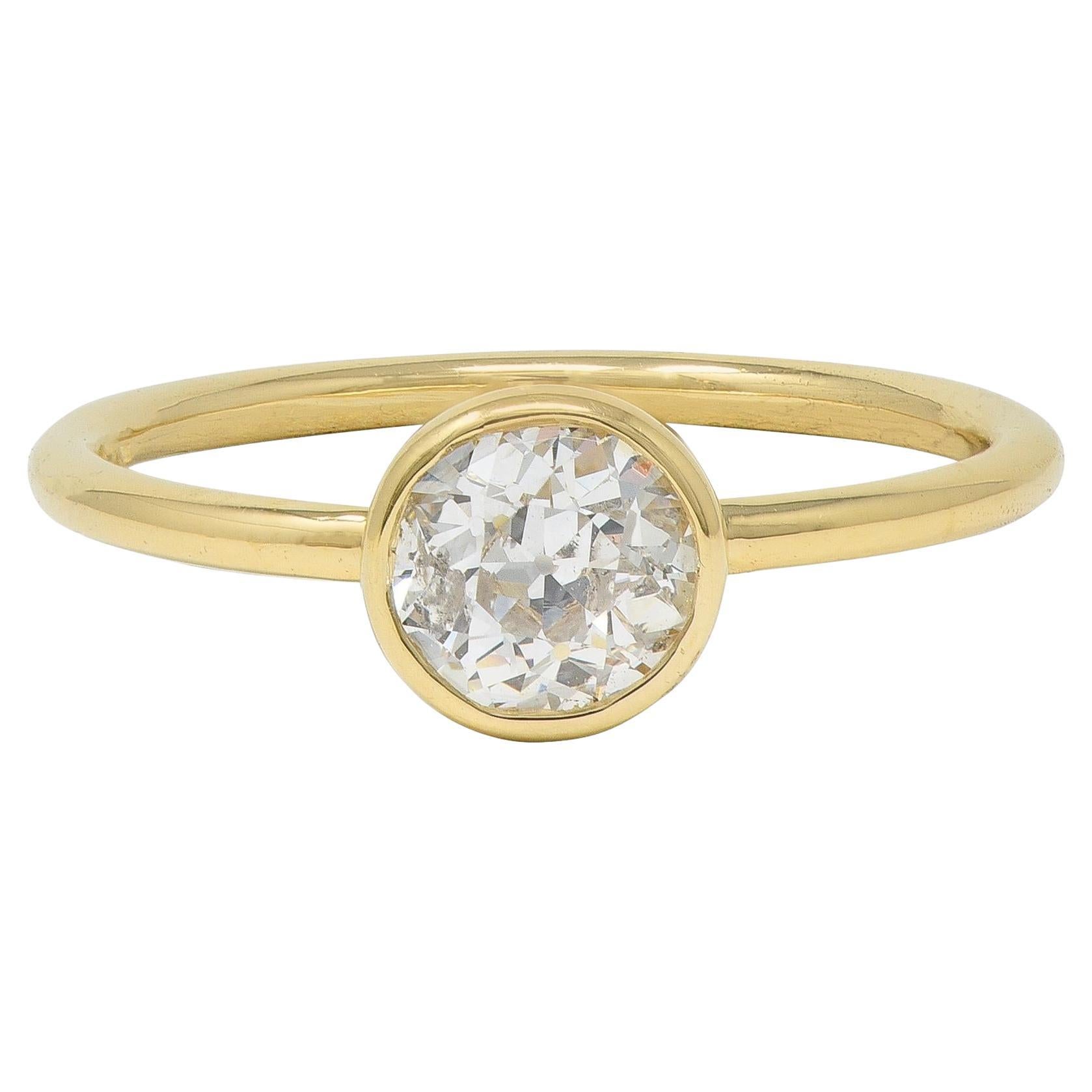 1990s Old European Cut Diamond 14 Karat Gold Bezel Set Solitaire Engagement Ring For Sale