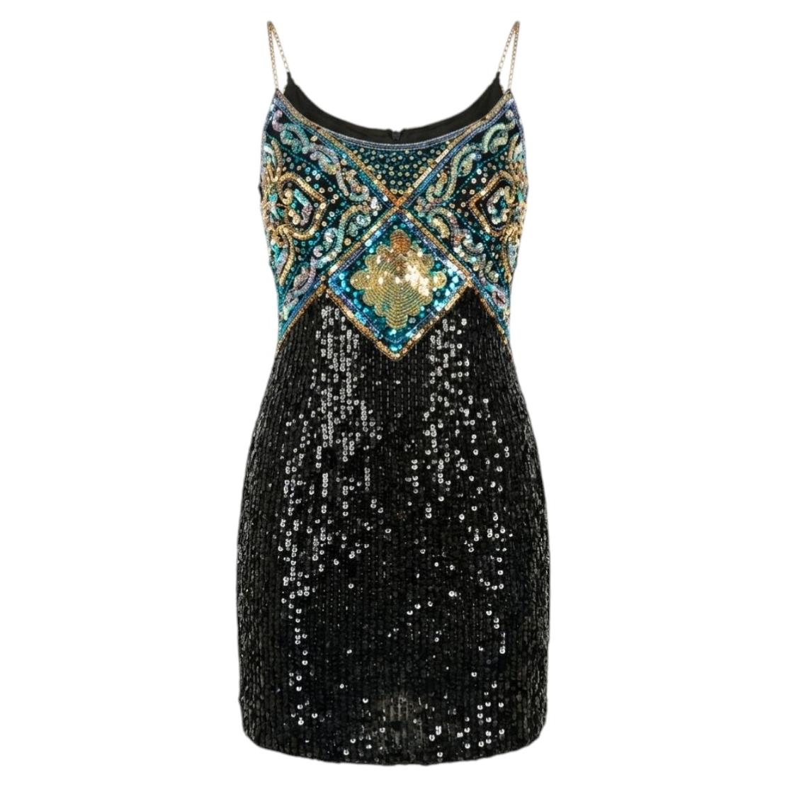 1990s Oleg Cassini BlackTie Sequin Mini Dress - Silk & Turquoise Embelli