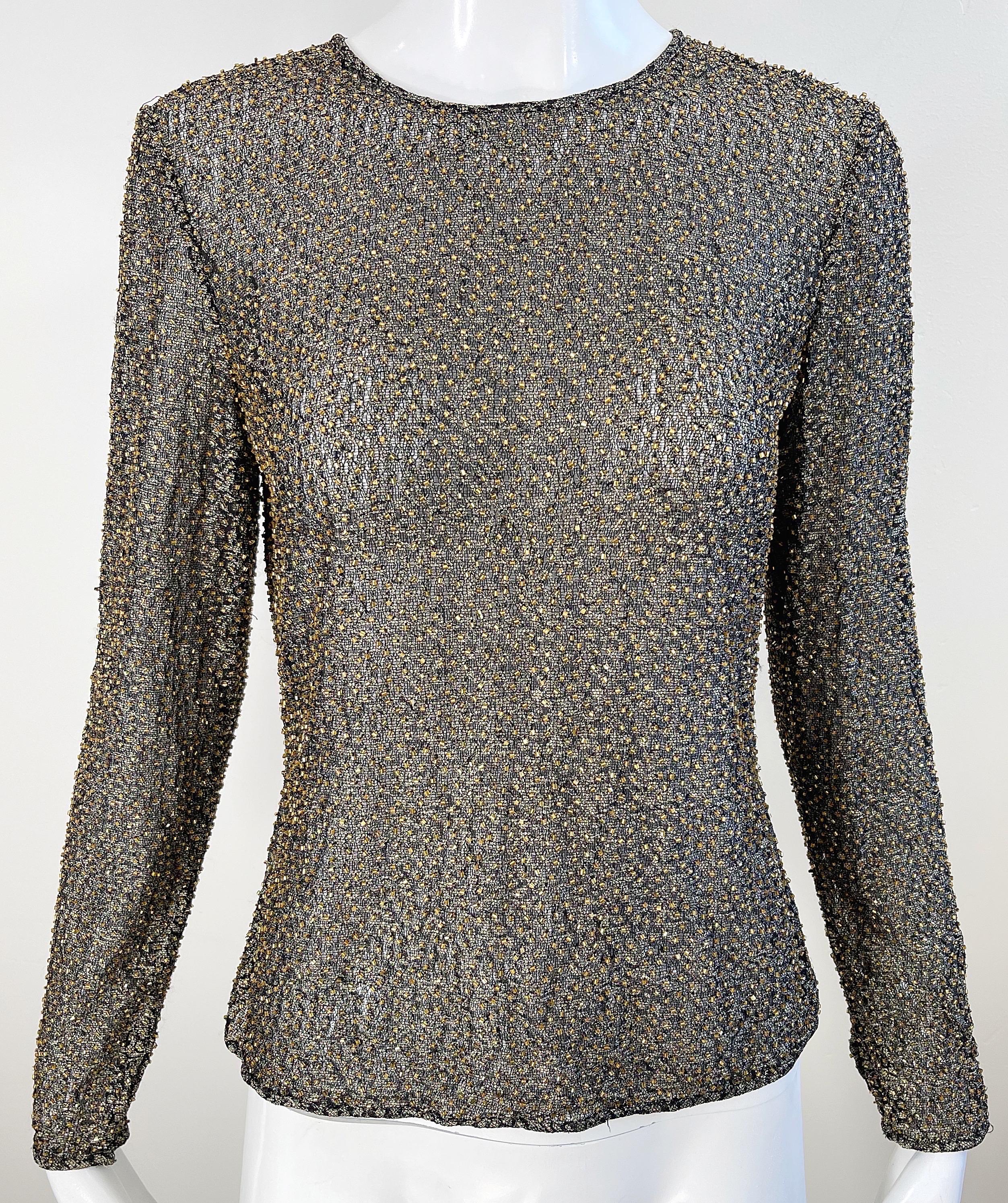 1990s Oleg Cassini Size 6 Semi Sheer Gold Bronze Beaded Vintage 90s Blouse Top For Sale 5