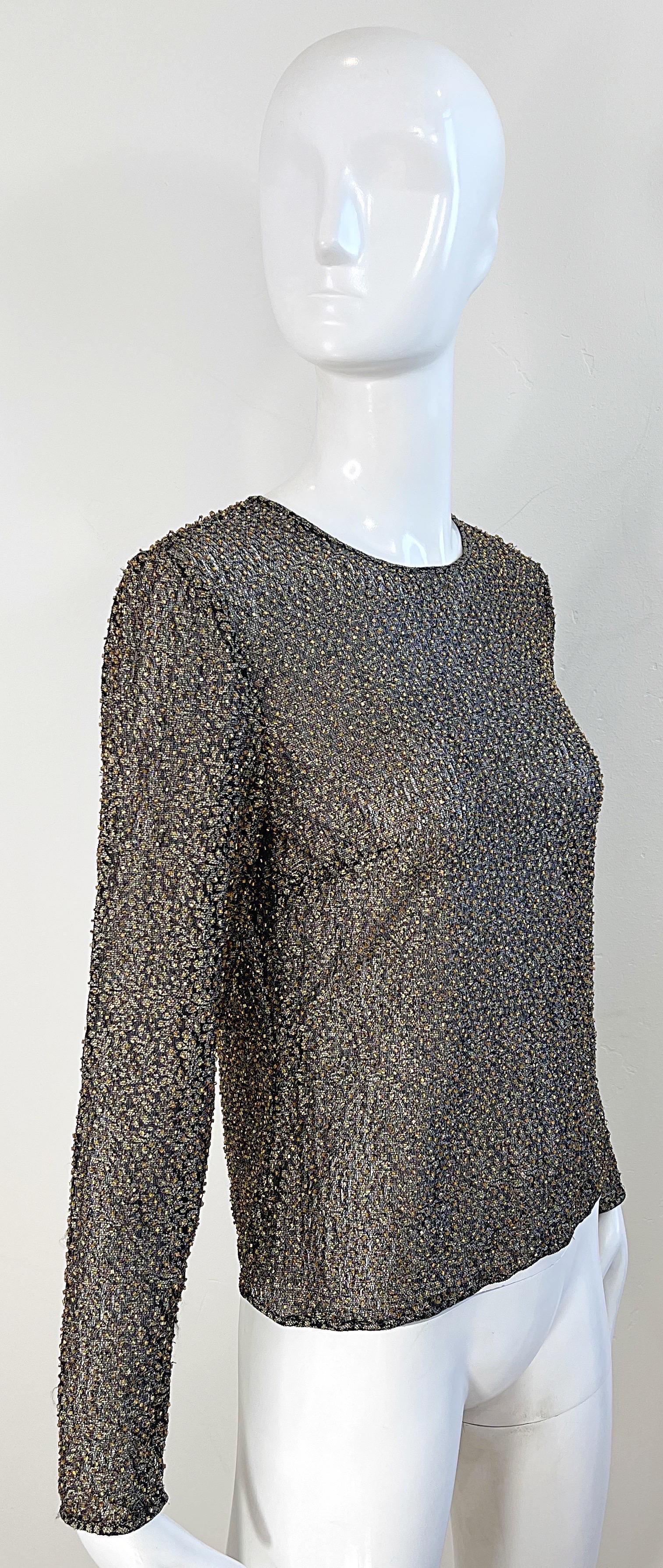 1990s Oleg Cassini Size 6 Semi Sheer Gold Bronze Beaded Vintage 90s Blouse Top In Excellent Condition For Sale In San Diego, CA
