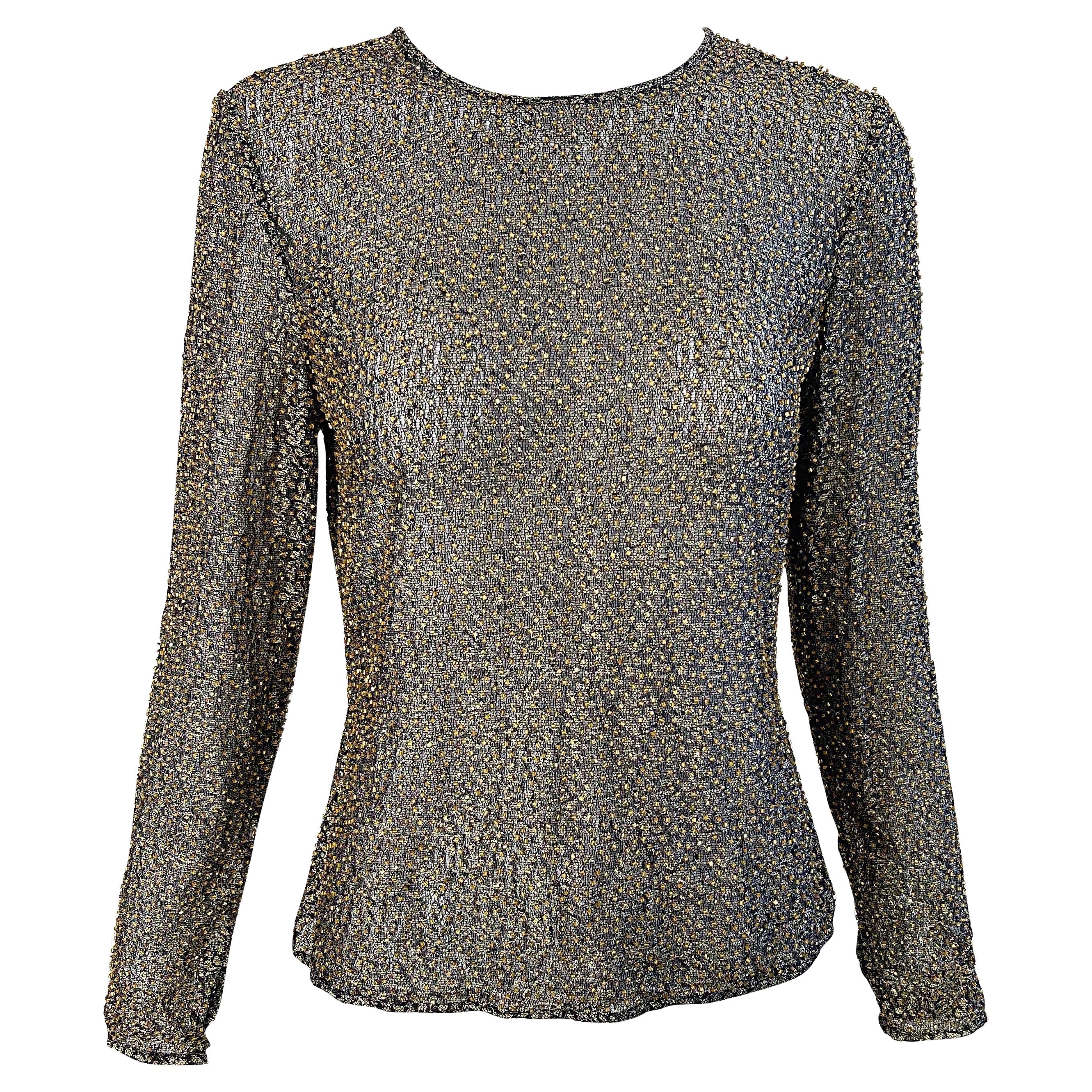 1990er Oleg Cassini Vintage 90er Jahre Bluse Top mit halb durchsichtiger Goldbronze-Perlen, Größe 6 im Angebot
