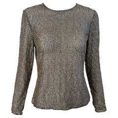 1990er Oleg Cassini Vintage 90er Jahre Bluse Top mit halb durchsichtiger Goldbronze-Perlen, Größe 6