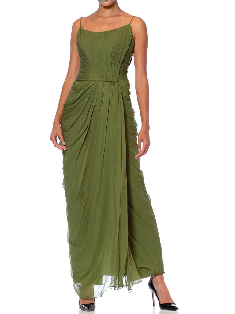 1990S Olive Green Haute Couture Silk Chiffon 1950S Style Gown Boned and ...