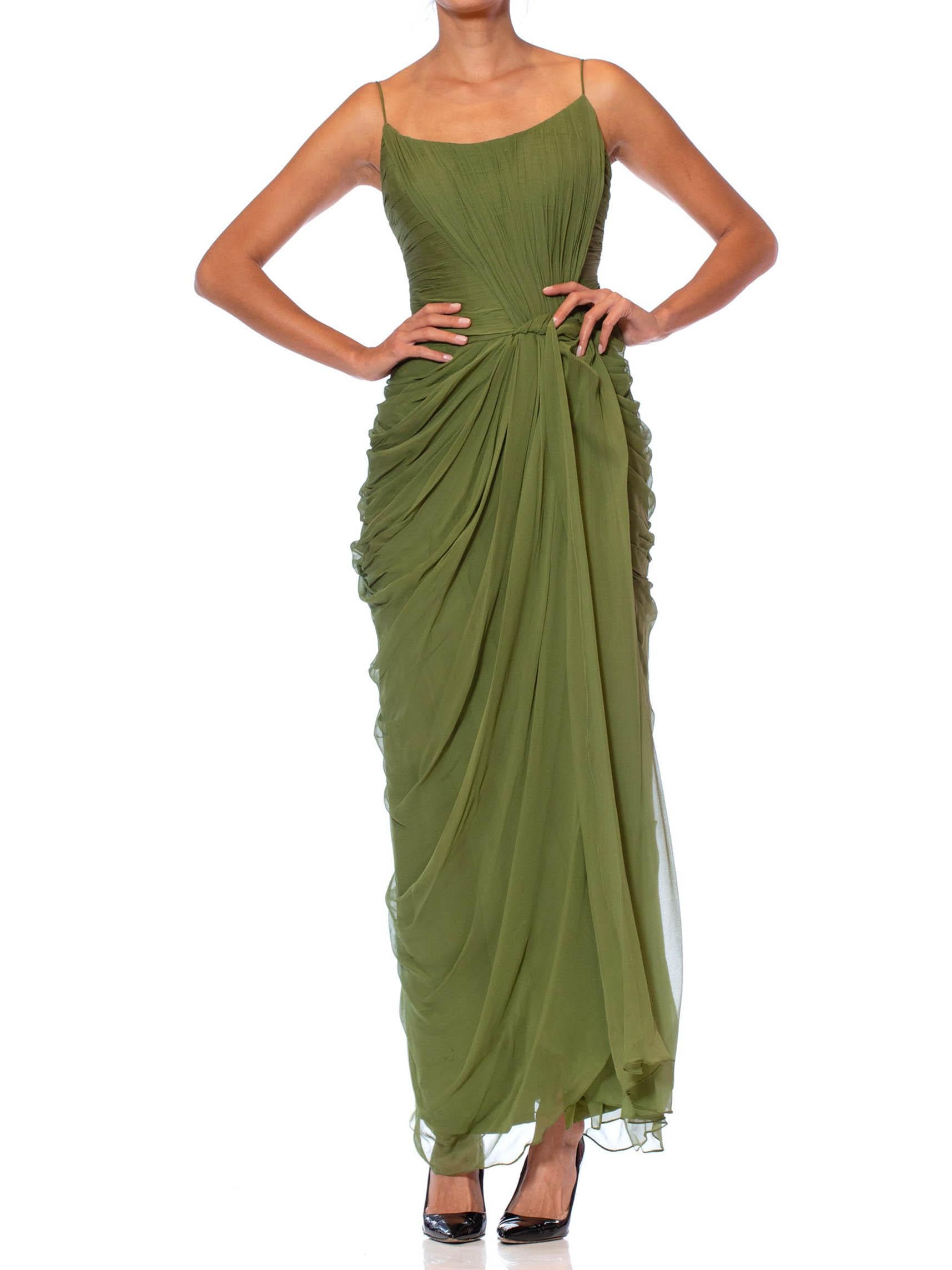 1990S Olive Green Haute Couture Silk Chiffon 1950S Style Gown Boned & Lined In In Excellent Condition In New York, NY