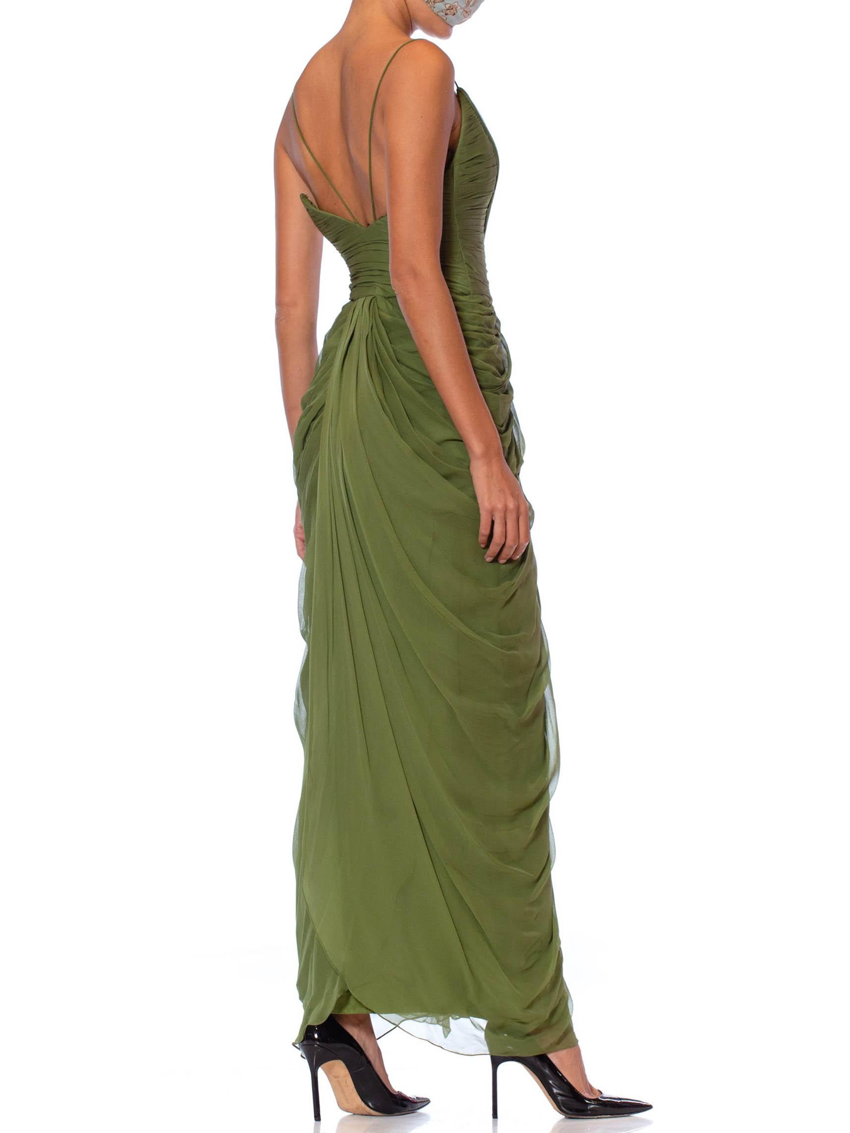 Women's 1990S Olive Green Haute Couture Silk Chiffon 1950S Style Gown Boned & Lined In