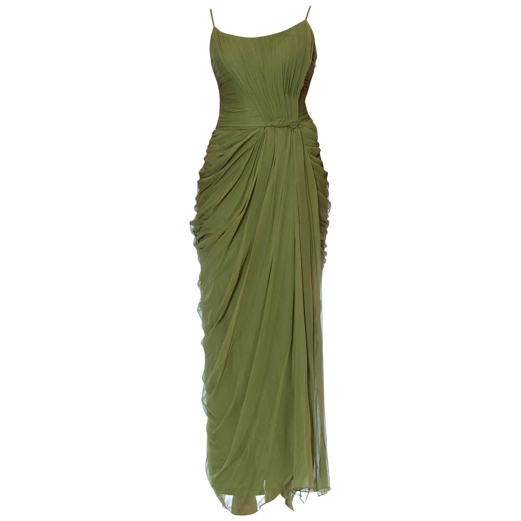 1990S Olive Green Haute Couture Silk Chiffon 1950S Style Gown Boned & Lined In