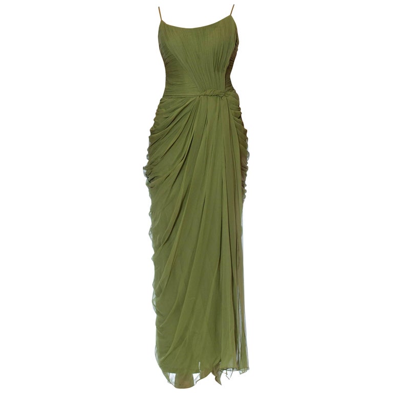 1990S Olive Green Haute Couture Silk Chiffon 1950S Style Gown Boned and  Lined In at 1stDibs