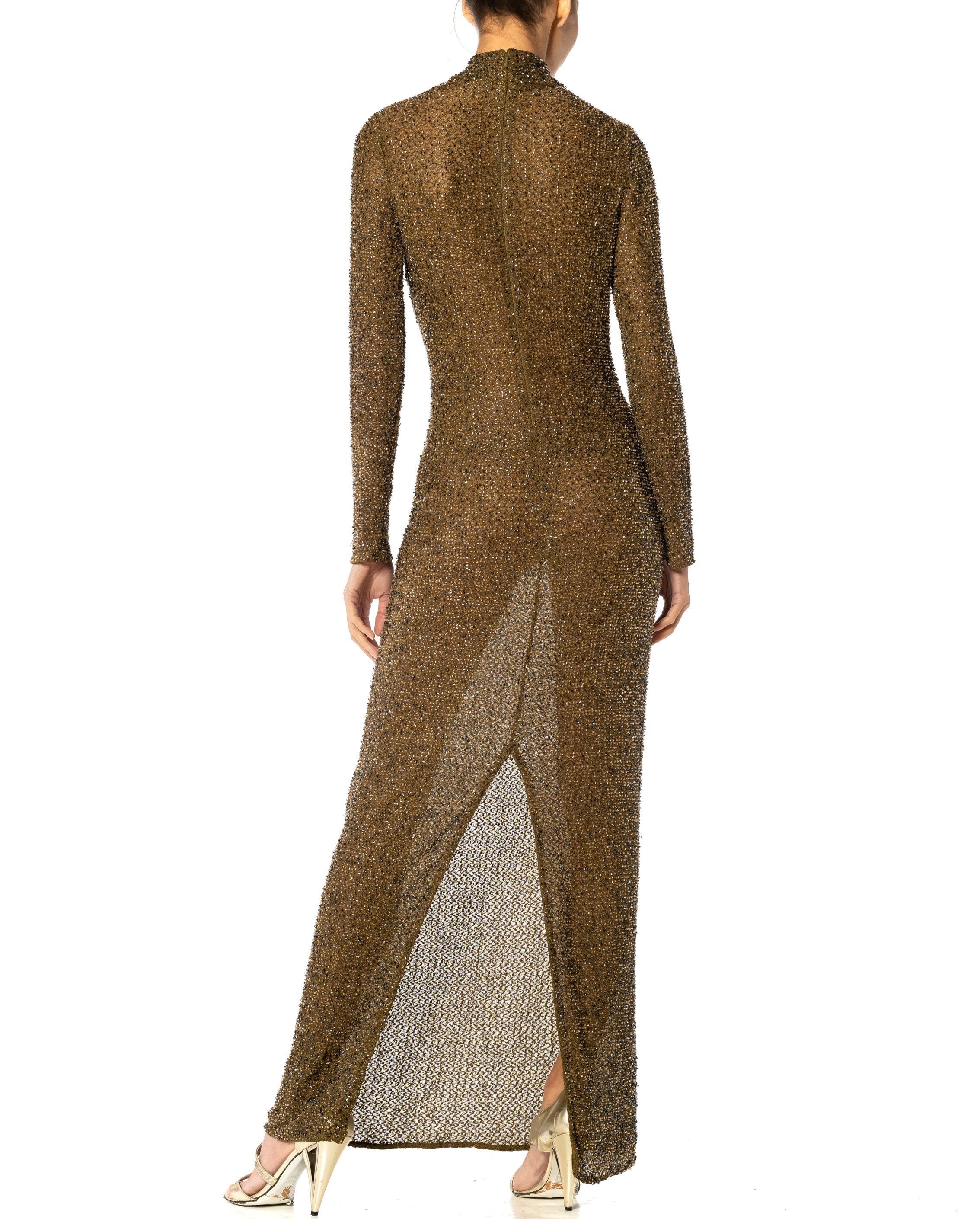 1990S Olive Green Rayon & Elastane Mesh Stretch Long Sleeve Beaded Gown For Sale 6