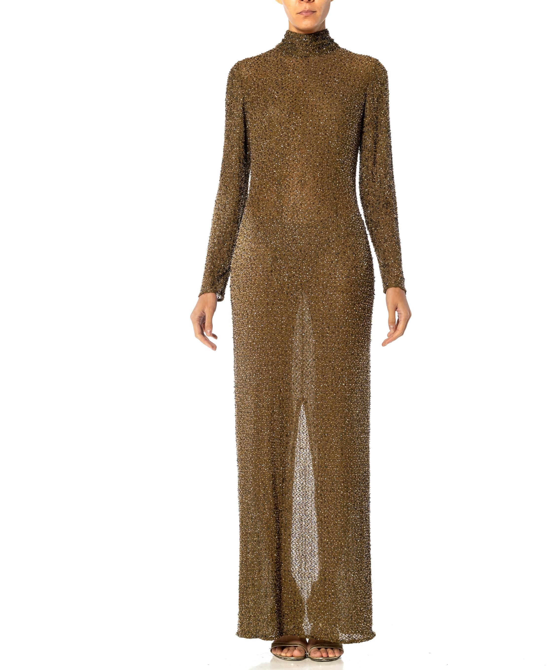 1990S Olive Green Rayon & Elastane Mesh Stretch Long Sleeve Beaded Gown For Sale 7