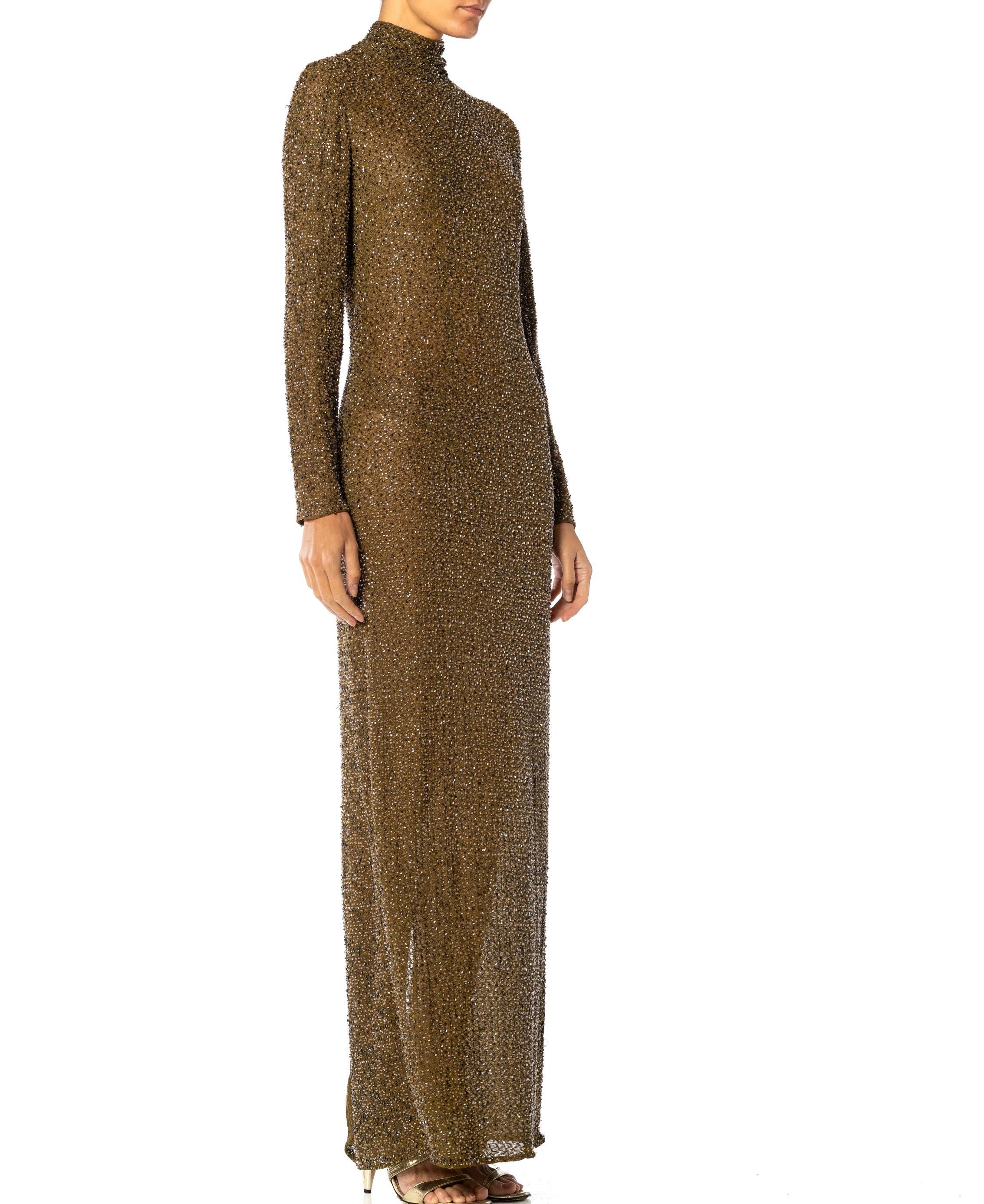 1990S Olive Green Rayon & Elastane Mesh Stretch Long Sleeve Beaded Gown For Sale 8