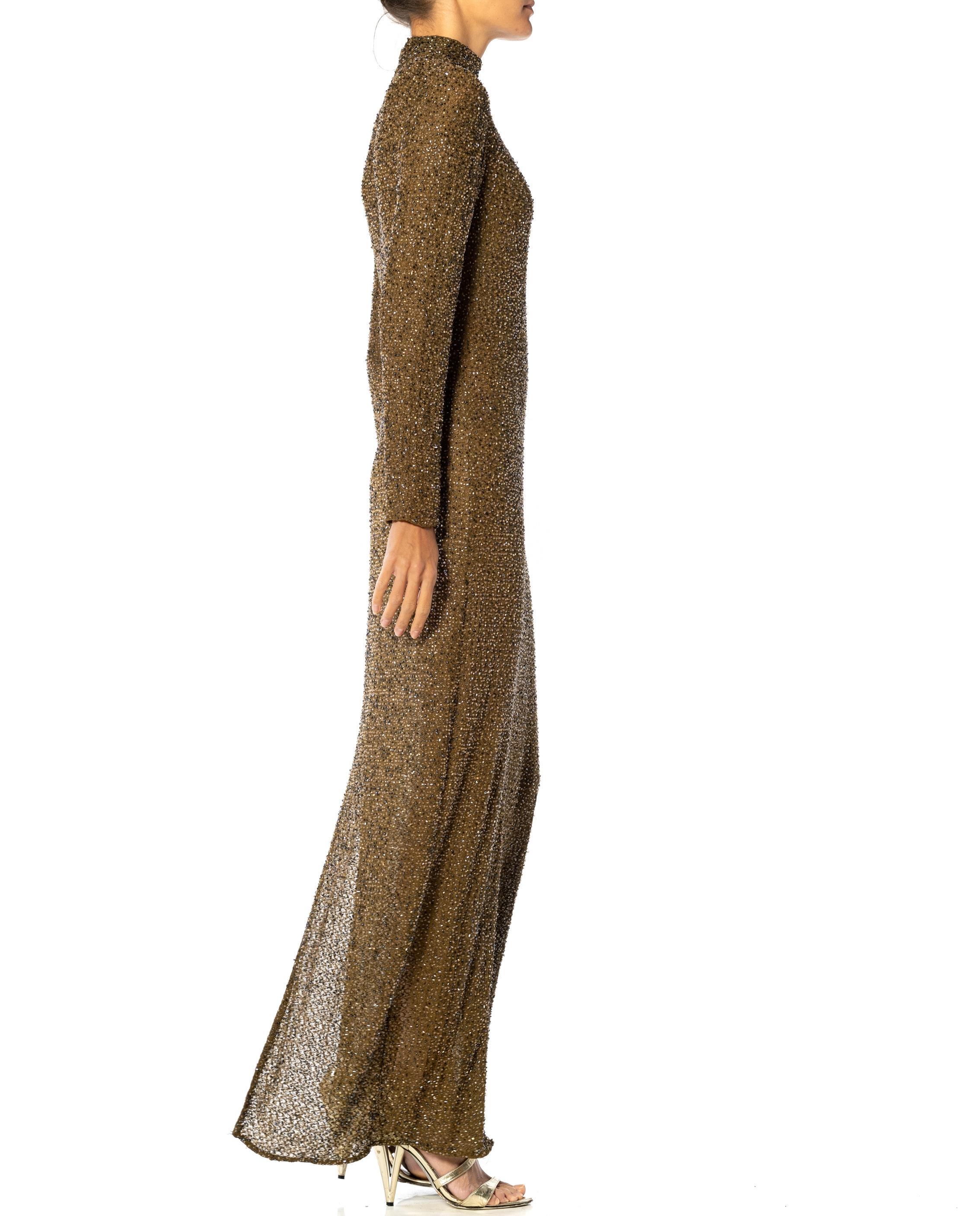 1990S Olive Green Rayon & Elastane Mesh Stretch Long Sleeve Beaded Gown In Excellent Condition For Sale In New York, NY